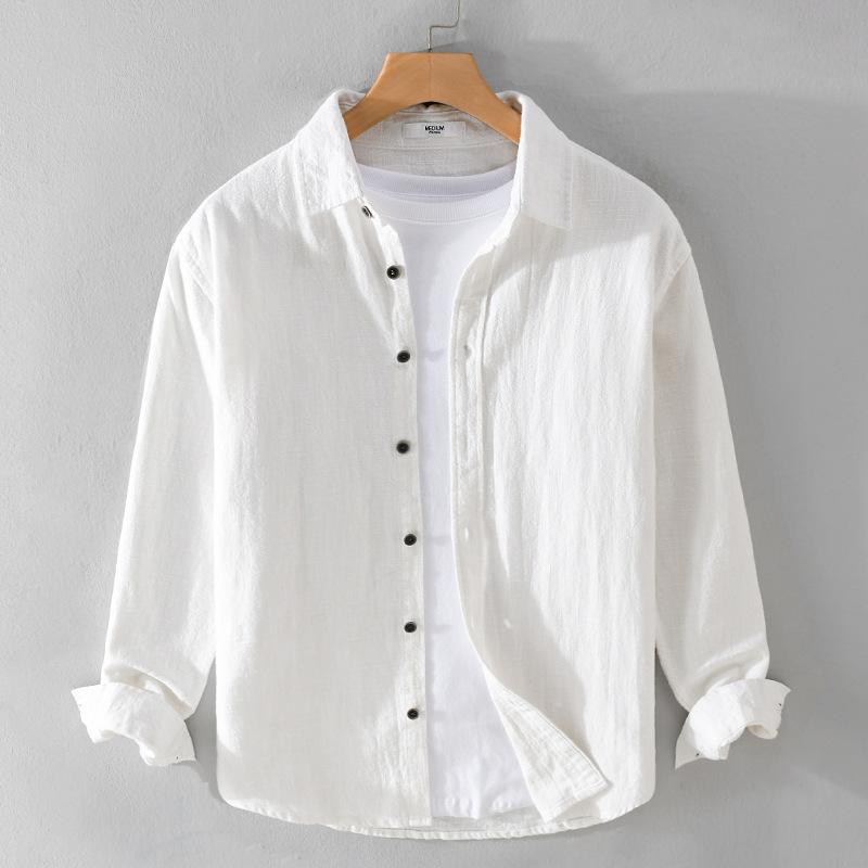 Long Sleeve Cotton Linen Man Shirts Summer Tops Classical Turn-down Collar Green Button Shirt Daily Men's Casual Shirt Beach Breathable Shirt