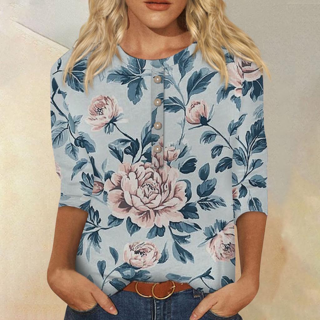 Женская мода повседневная 3/4 рукава цветочный принт пуловер круглый вырез топ повседневная одежда