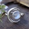 Moon Opening Rings with Imitation Opal Stone Anti Silver Color Vintage Women Finger-rings Daily Wear Chic Female Jewelry
