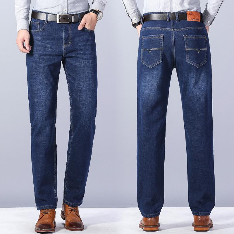 Осенне-зимние мужские эластичные бархатные утепленные универсальные прямые деловые повседневные узкие джинсовые брюки