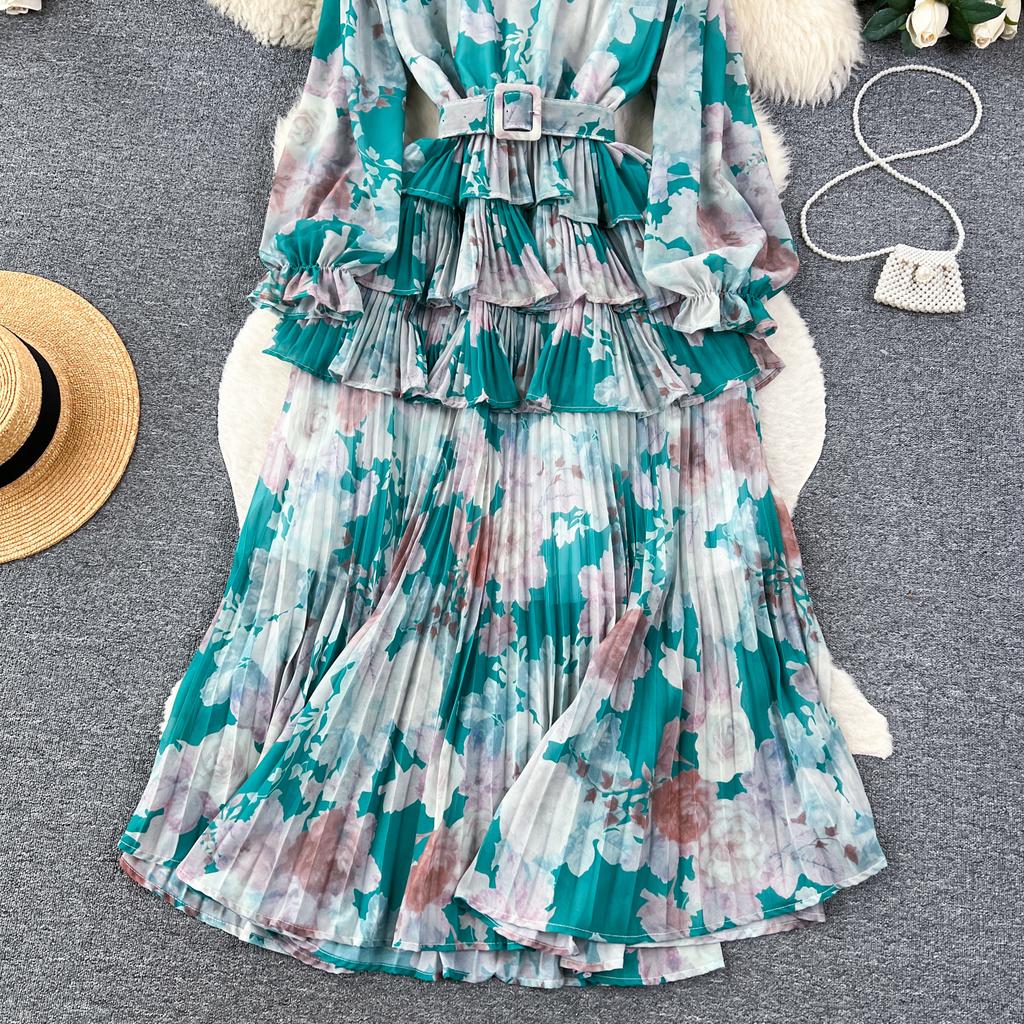 Новое осеннее элегантное женское платье с круглым вырезом и принтом в стиле пэчворк, складками и оборками, с длинными рукавами и высокой талией