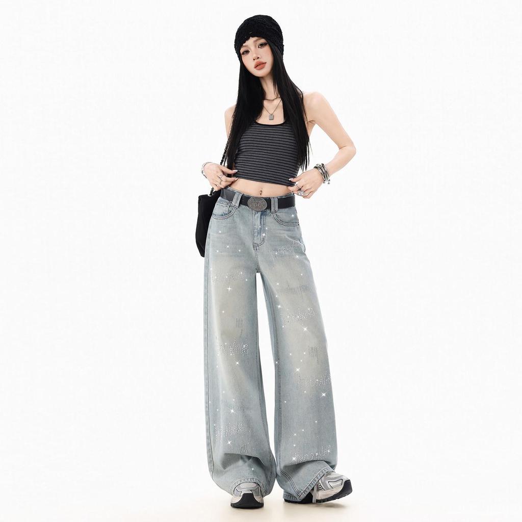 Women's Rhinestone Star Wide Leg Jeans - 2026 Spring/Autumn, Loose & Flattering Floor-Length Pants