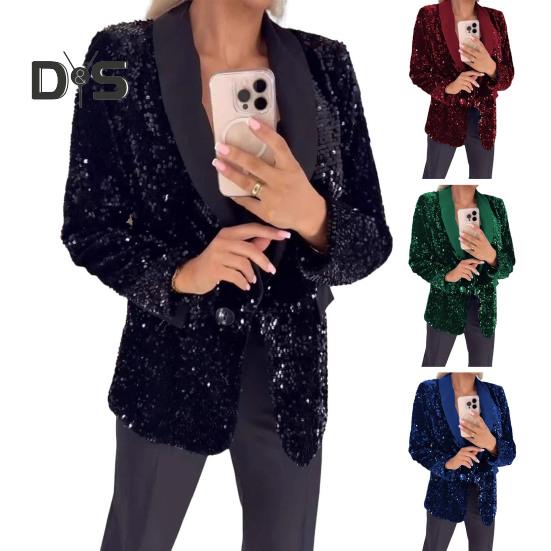 Женский пиджак с лацканами и длинными рукавами на пуговицах, пиджак с блестками, осенне-зимняя деловая верхняя одежда для уличной вечеринки