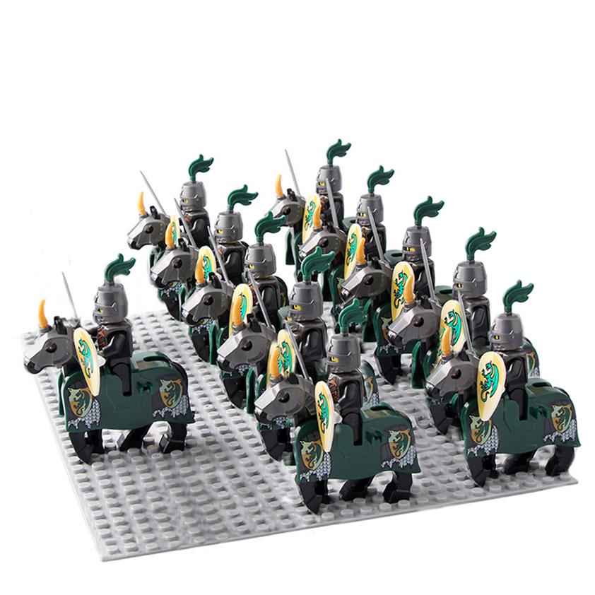Medieval Knights Castle Cavalry Rohan Soldiers Guard Army Lotr Cavalier With Weapon Armor Helmet Shield and Horse Figure Blocks