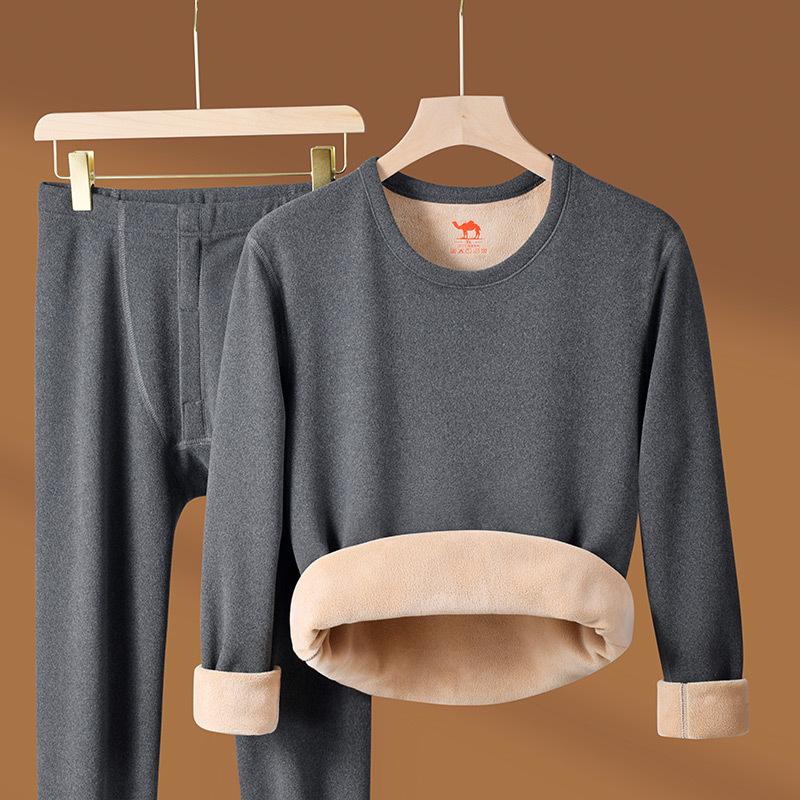 Men's Camel Hair Thermal Underwear Set: Half Turtleneck Top and Bottoms with Velvet Lining for Winter