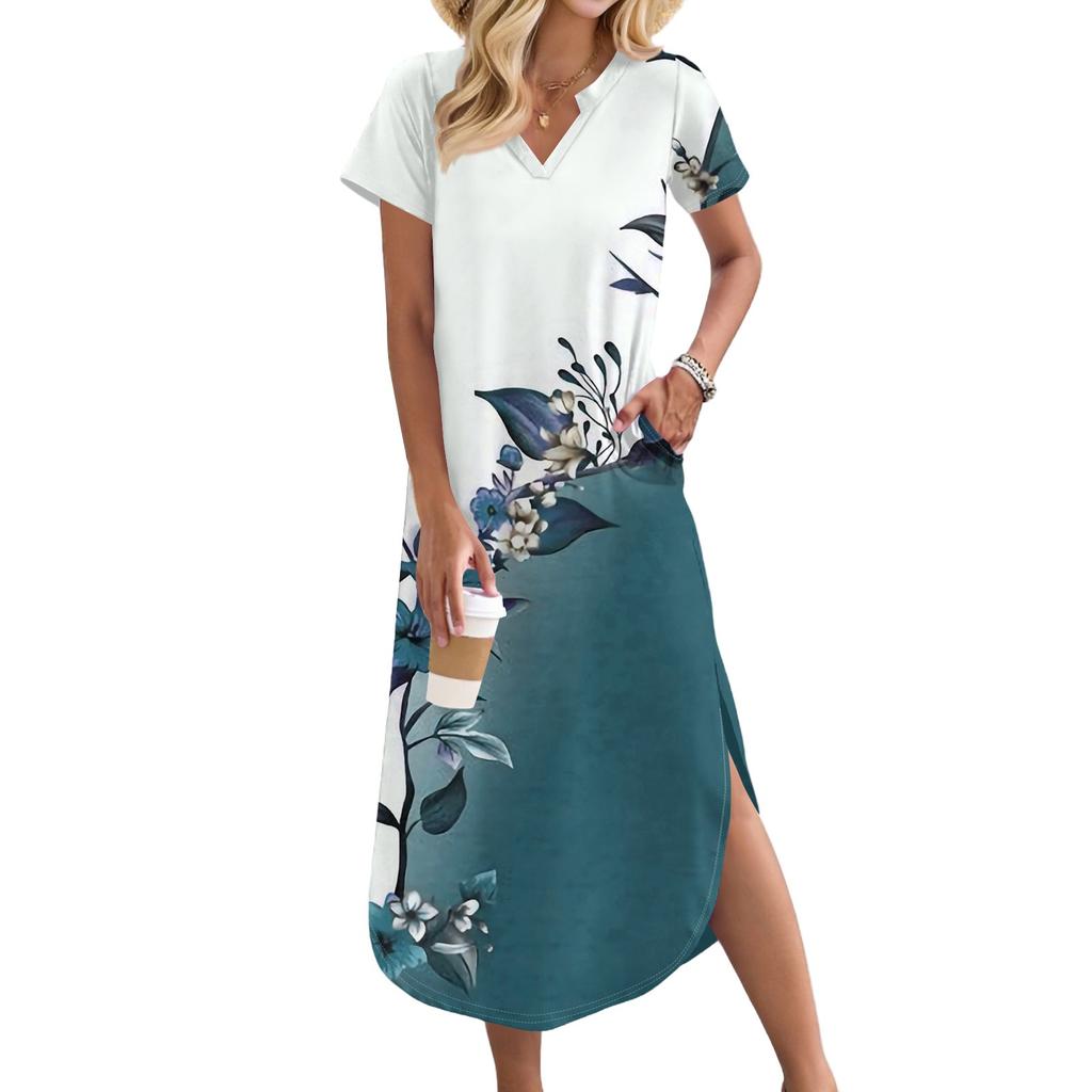 Женское длинное платье-рубашка с V-образным вырезом, повседневное, с коротким рукавом и свободным разрезом