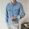 2024 Trendy Unisex Washed Denim Shirt: Japanese Retro Casual, Loose Fit, Double Pocket, Long Sleeve.