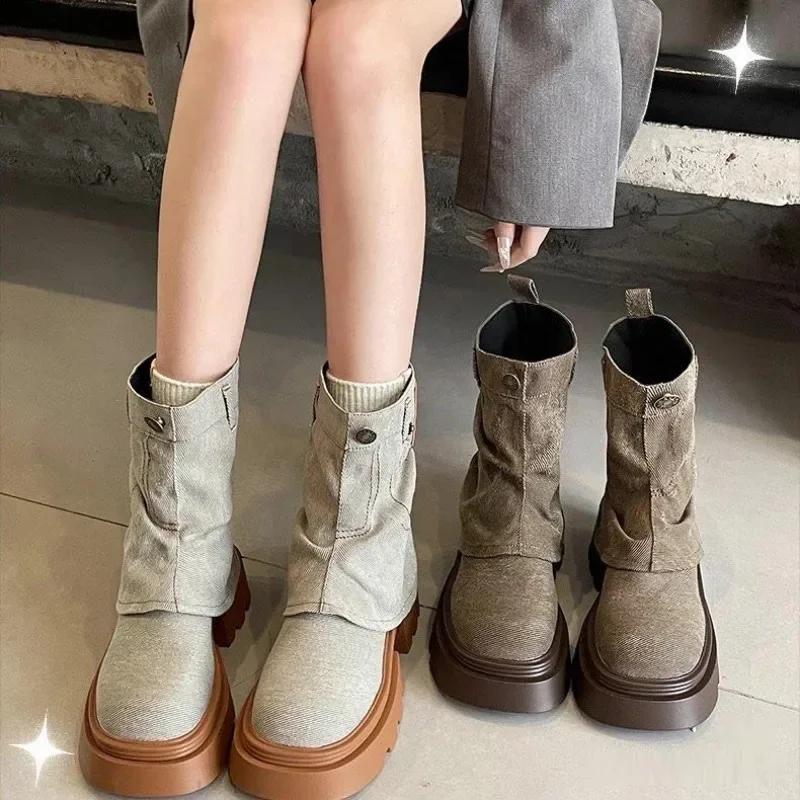 Средний каблук, новинка, женские полусапоги с круглым носком, демисезонная удобная и элегантная качественная обувь, женская обувь до середины голени