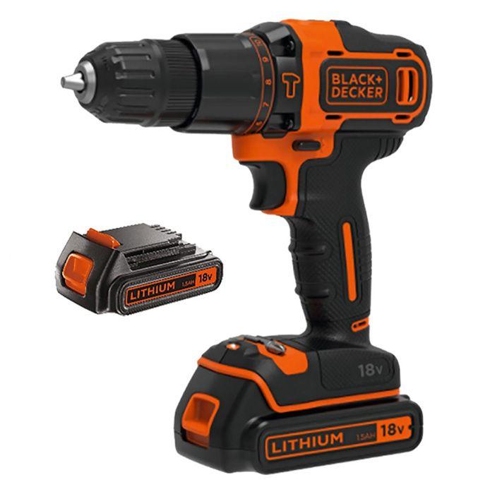 Kit brico : perceuse perc 18v black+dekker - avec 2 batteries 1,5ah , 6 outils, 60 accs, 12 clés et boîte - bcksb04-qw