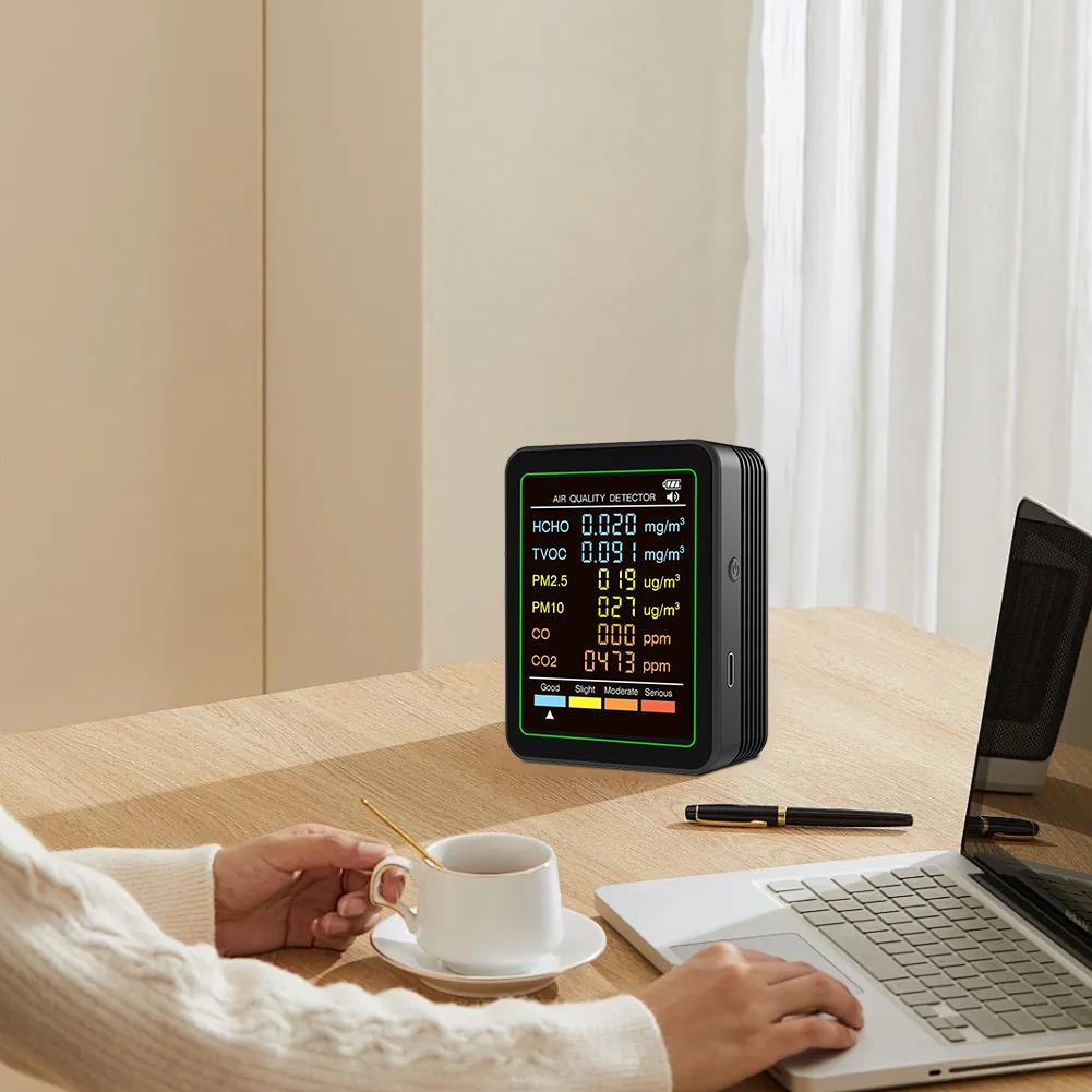 6-in-1 Air Quality Tester Real-Time Air Quality Meter Portable Temperature Humidity Detector for Home Office School