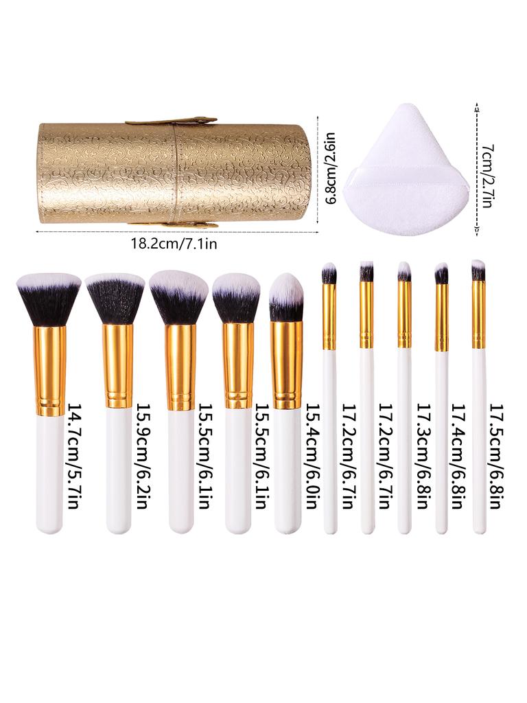 Beginner's 10-piece Makeup Brush Set, 2 Triangular Sponge Powder Puffs, Golden Storage Bucket, Portable Full Set of Beauty Tools