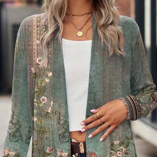 Женское осенне-весеннее пальто Vinage с цветочным принтом и открытой строчкой с длинным рукавом, неровный подол, свободная шаль в этническом стиле, женская куртка-кардиган средней длины, шаль