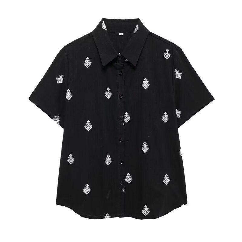 Fashion Style 2024 Autumn New Women's Clothing Contrast Color Embroider Short Sleeve Lapel Shirt Loose Pants 2731248