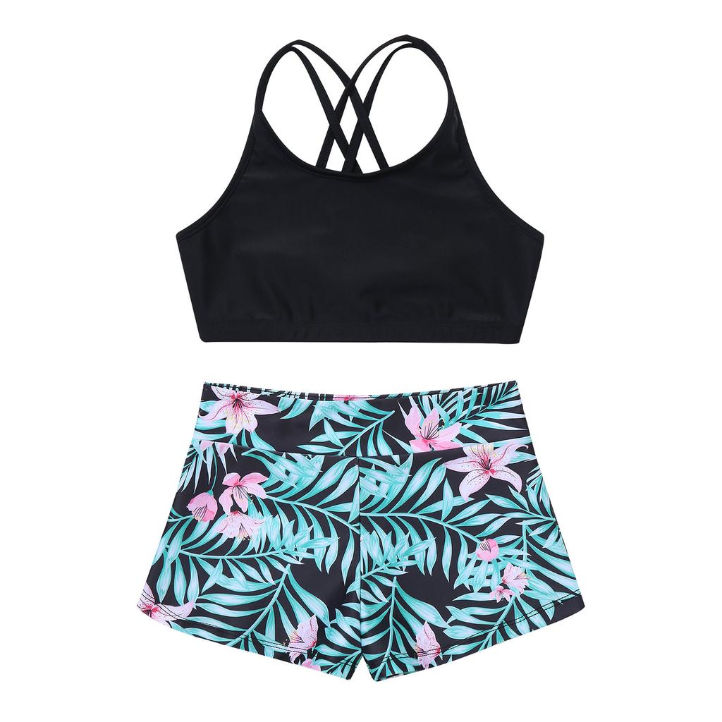 Girls 2 Piece Sport Set U Neck Spaghetti Straps Cropped Top Criss Cross Back Pink Lily Print Shorts Gym Yoga Outfit