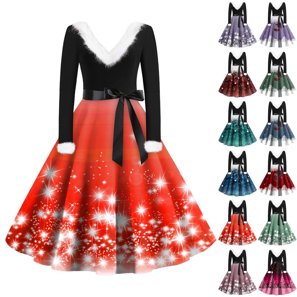 Женская мода с v-образным вырезом, повседневные тонкие рождественские шерстяные платья с длинным рукавом с принтом