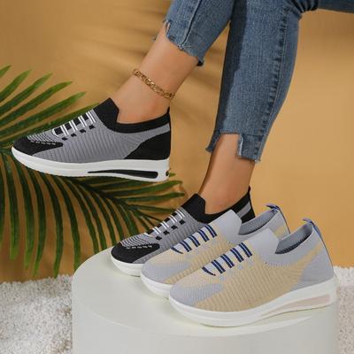 Женские кроссовки слипоны с цветными блоками - Повседневная обувь флайнит с круглым носком для весны/осени, удобные балетки в корейском стиле