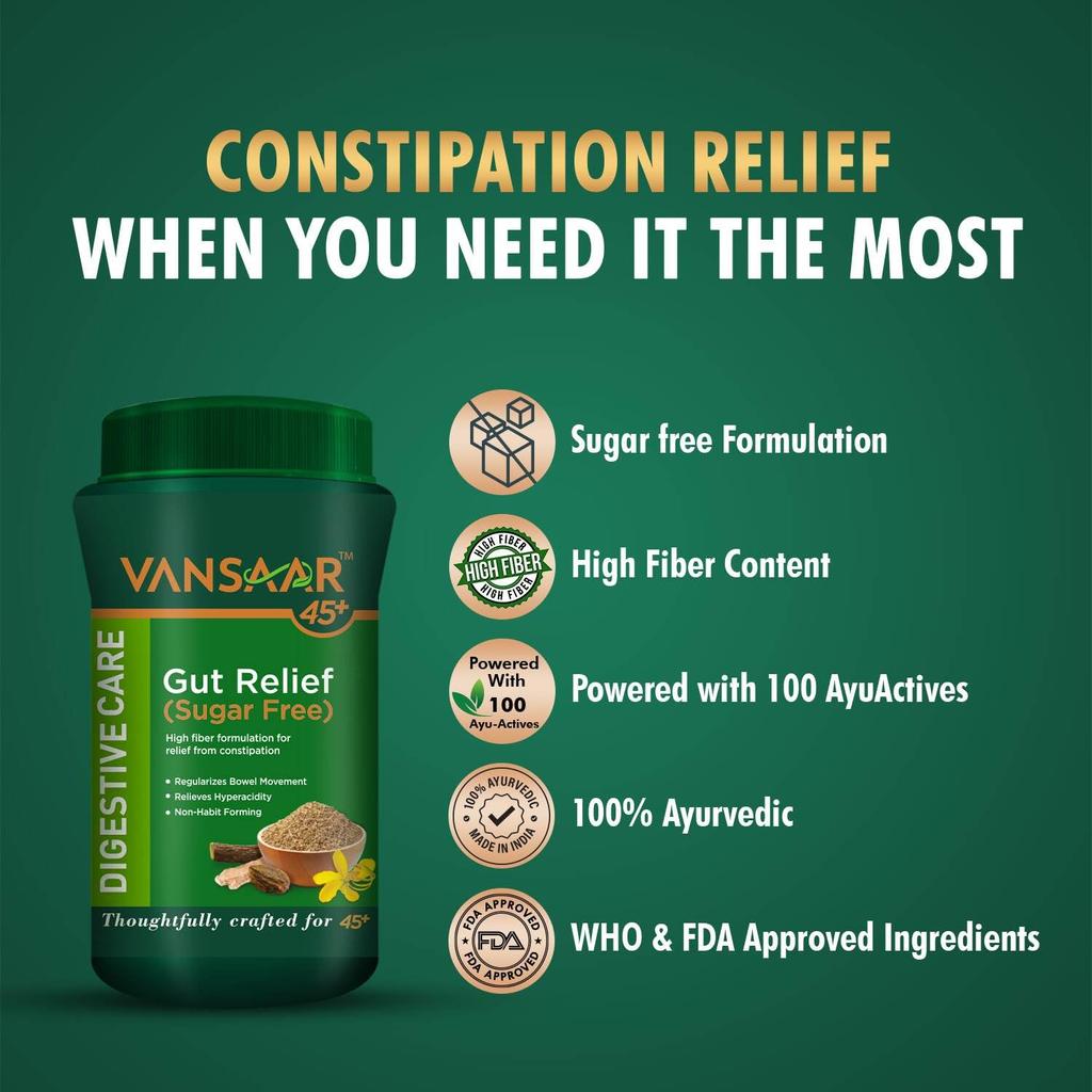 Vansaar Gut Relief Порошок без сахара 100 г | Аюрведическое средство для очищения желудка при запорах, газах, вздутии живота | Не вызывает привыкания, натуральная поддержка пищеварения
