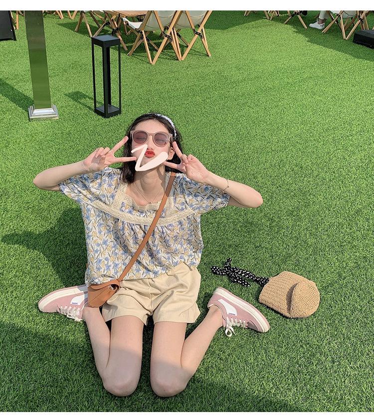 Женский шикарный топ с цветочным принтом и французским квадратным вырезом 2023 года с рукавами-фонариками