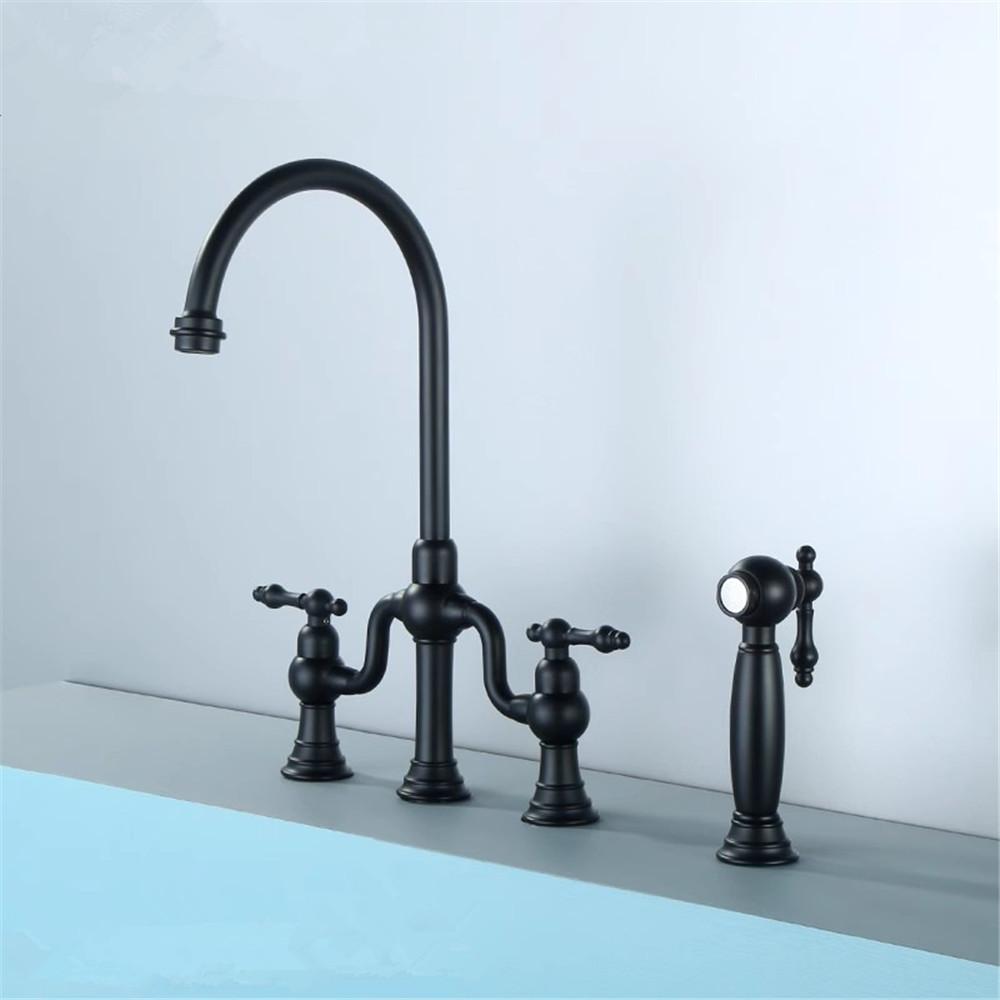 Tuqiu Brushed Gold Kitchen Faucet with Hand shower Head Black Pot Filler Tap Deck Mounted Hot Cold  Black Sink Tap Spout  Brass