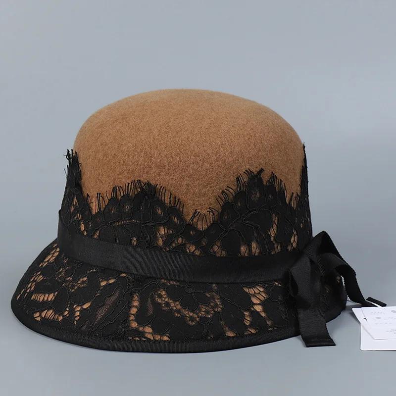 Французская модная шляпа-цилиндр из кружевной шерсти для светской львицы, элегантная шляпа для леди в стиле ретро, молочно-белого цвета, теплая шляпа для рыбалки