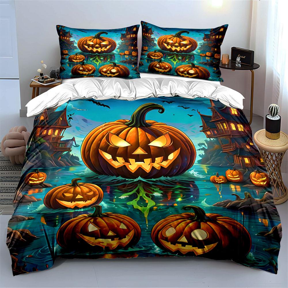 Haunted Pumpkin Halloween Scene Bedding Duvet Cover Set Duvet Cover Pillowcases (1*Duvet Cover 2*Pillowcases, without duvet insert)