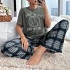 Комплект пижамы на весну-лето для женщин с принтом букв, топы с коротким рукавом и длинные брюки, одежда для сна, повседневная свободная мягкая серая пижама, домашняя одежда