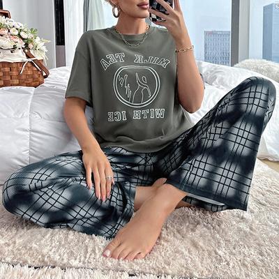 Комплект пижамы на весну-лето для женщин с принтом букв, топы с коротким рукавом и длинные брюки, одежда для сна, повседневная свободная мягкая серая пижама, домашняя одежда