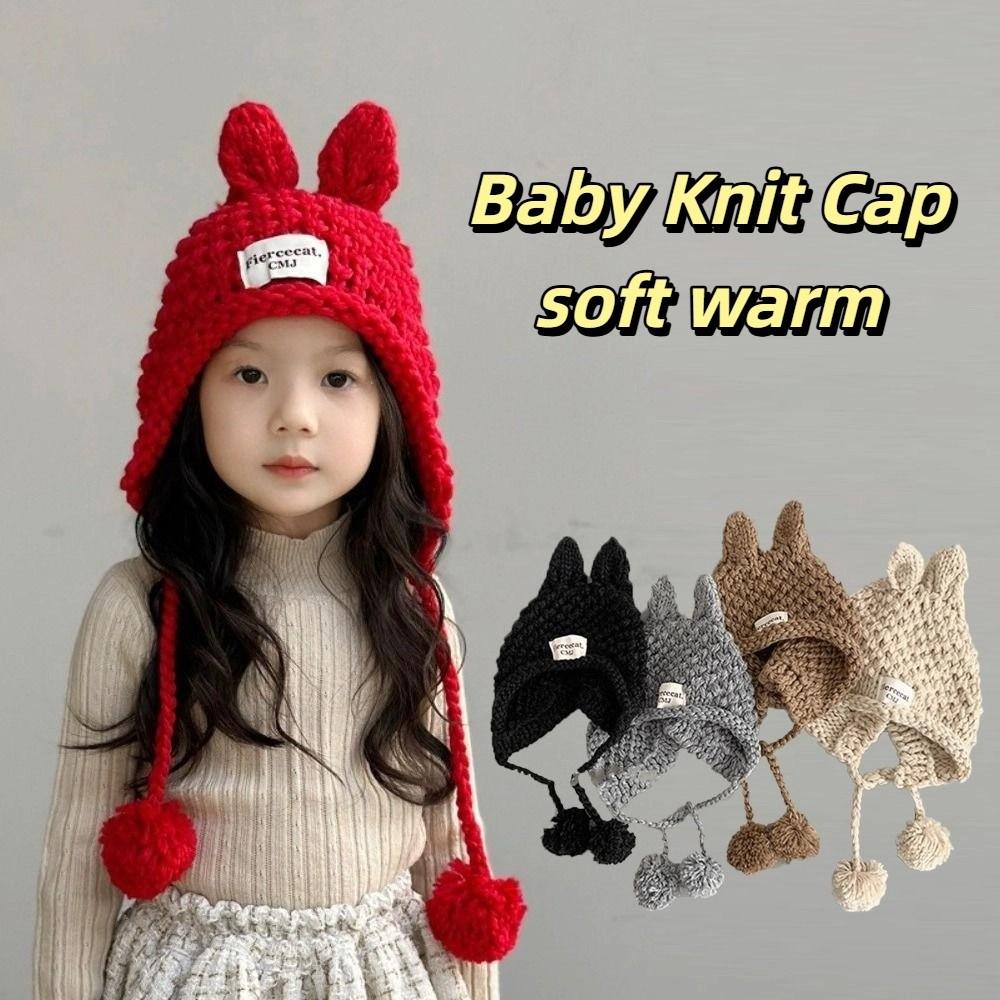 Solid Color Hand Knitted Cap Rabbit Ear Ear Protection Cap Korean Baby Crochet Hat Kids