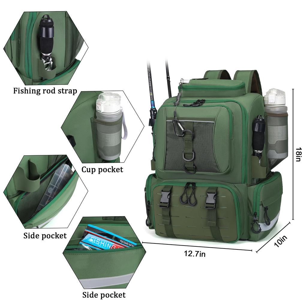 WANOON Fishing Backpack with Rod Waterproof Fishing Tackle Backpack with Hidden Shoulder Strap Holders,