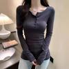 Curved Pure New Style Half-open Collar Button Long-sleeved T-shirt for Women Slim Base Shirt Shoulder Top