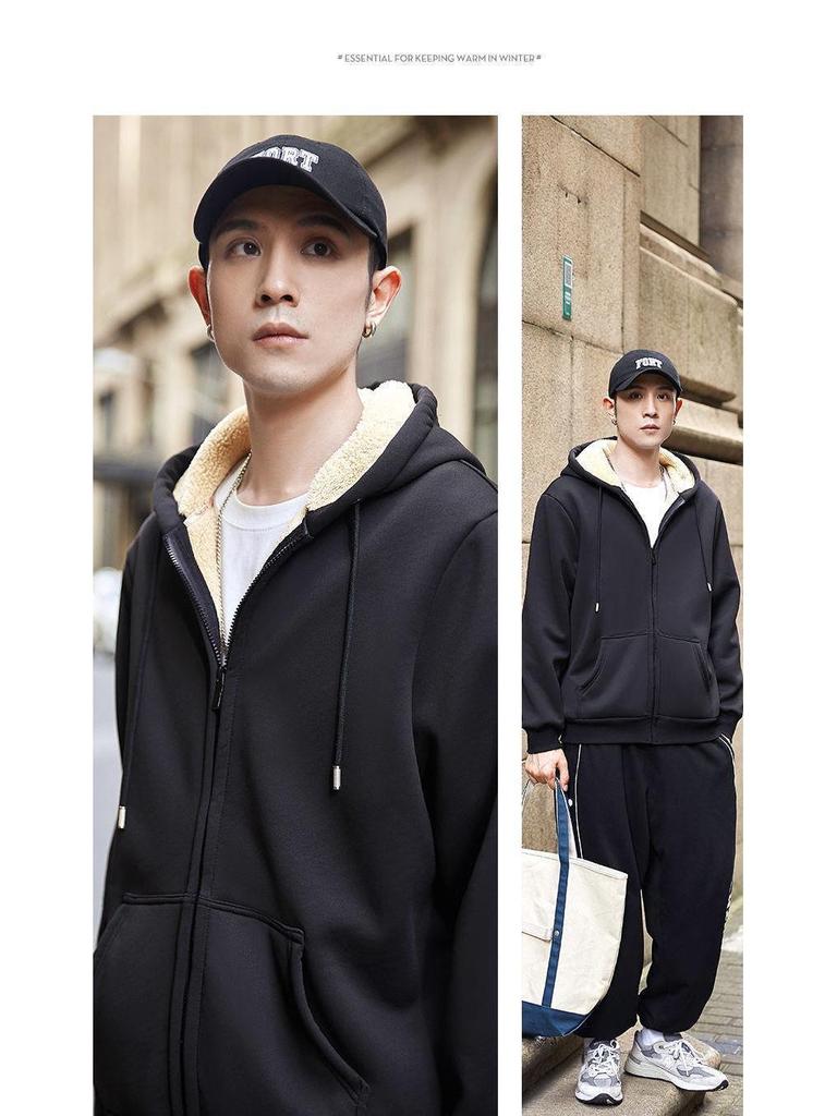 2024 Мужская толстая плюшевая овчина куртка-свитер с воротником-стойкой