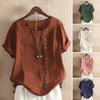Women Summer T-shirt Round Neck Short Sleeve Buttons Decor Tee Shirt Solid Color Loose Fit Pullover Tops Daily Wear