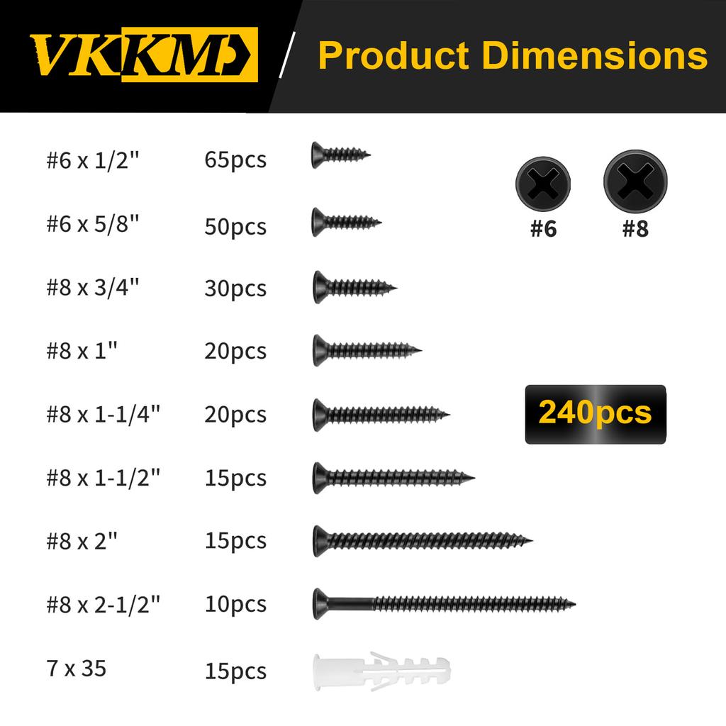 Набор шурупов по дереву, набор из 240 шурупов по дереву с плоской головкой высокой твердости, набор шурупов с крестообразным шлицем, содержит 15 анкеров