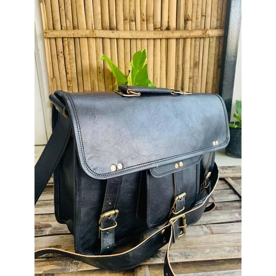 Genuine Vintage Black Leather Messenger Bag Shoulder Laptop ( Gift For Girlfriend BAG Size - 9 X 7 X 3 In )