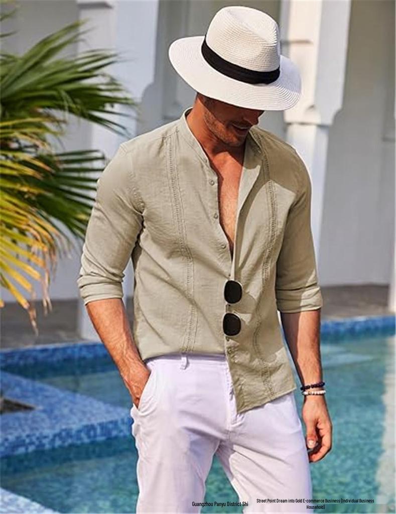 Men's Casual Cotton Linen Stand Collar Shirt - European & American Style for Summer Beach Vacation 2026
