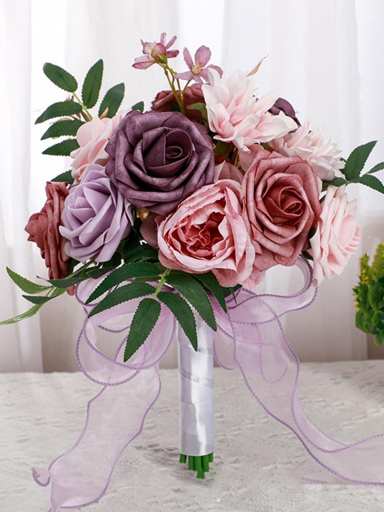 Roses Bouquet Wedding Bouquet for Bride Artificial Flower with Ribbon Fake Flowers Silk Roses Bridal Bouquet Bridesmaid Bouquet for Wedding Decoration