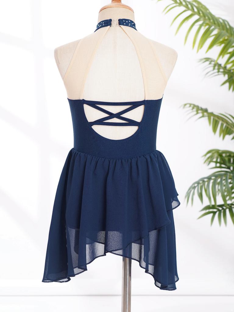 Kids Girls Rhinestone Lyrical Dance Costume Sheer Mesh Patchwork Sleeveless Irregular Hem Dress Dancewear
