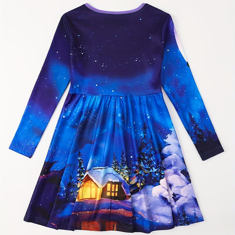 Повседневное платье для девочек с принтом 3D Snowhouse и круглым вырезом, длинными рукавами, детское платье принцессы