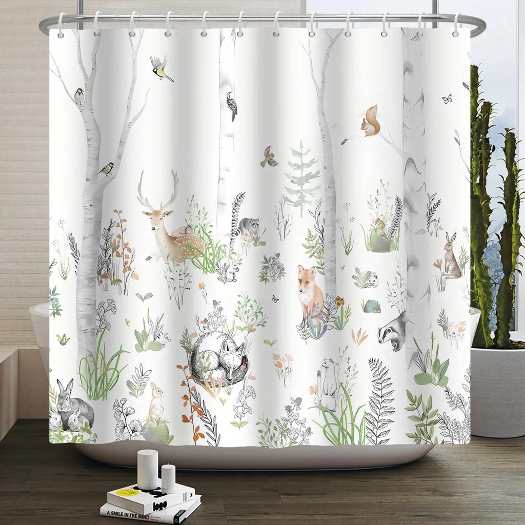 Шторка для душа Лесные животные джунгли Деревья Растения Дикая природа Птица Медведь Лось Лиса Олень Олень Современный Минималистичный Детская Ванная Шторка для душа