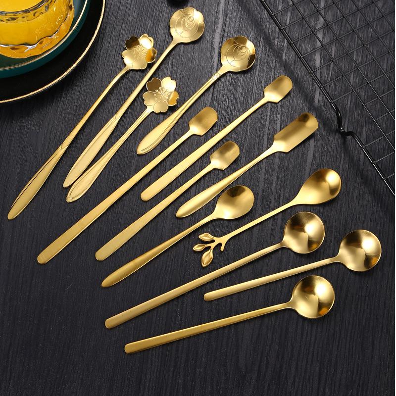 Ложка для смешивания чая и кофе из нержавеющей стали Sakura Rose Golden Tableware Long Handle Cutter Mug Spoons Kitchen Cutlery Accessories