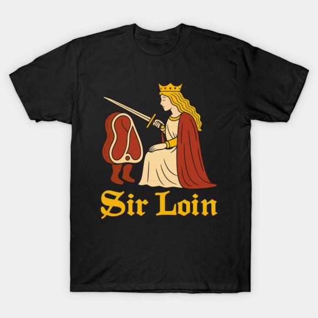 Asian Size Men Black Print T-shirt Sir Loin Funny Knight Steak Pun Meme Tee No-Cut Print Cotton Tshirt