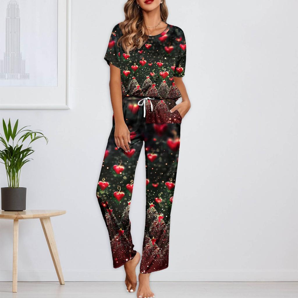 Женский шелковый атласный пижамный комплект с рождественским принтом, рубашка с коротким рукавом и длинные пижамные штаны, мягкая домашняя одежда