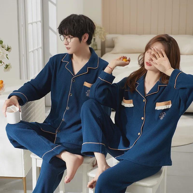 Cute Couple Pajamas: Women's Spring & Autumn Waffle Long Sleeves and Men's Casual Large Size Homewear