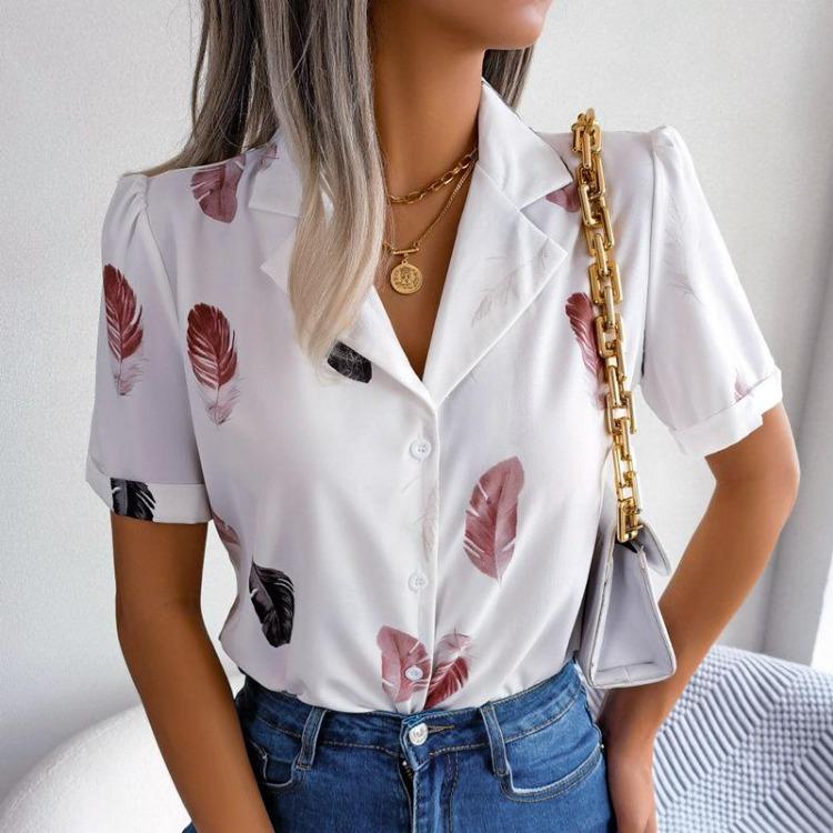 Women's Summer Casual Loose Feather Collar Short Sleeve Blouse Top All Match Shirt Suit