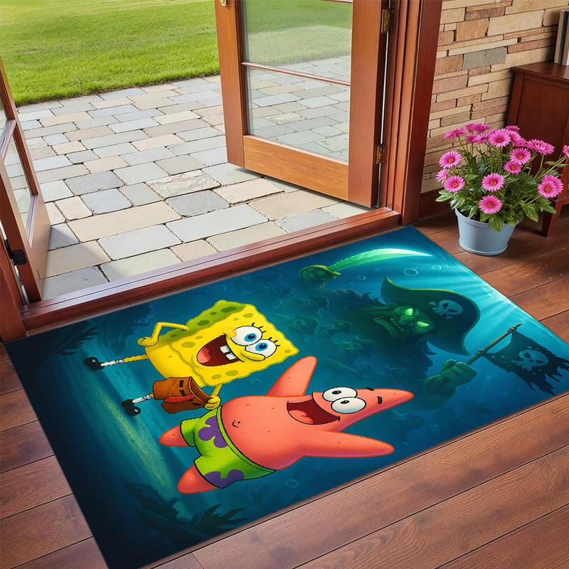 Anti‑Slip Crystal Velvet Floor Rug, SpongeBob Football Design Carpet for Indoor Living Bedroom Home Decoration