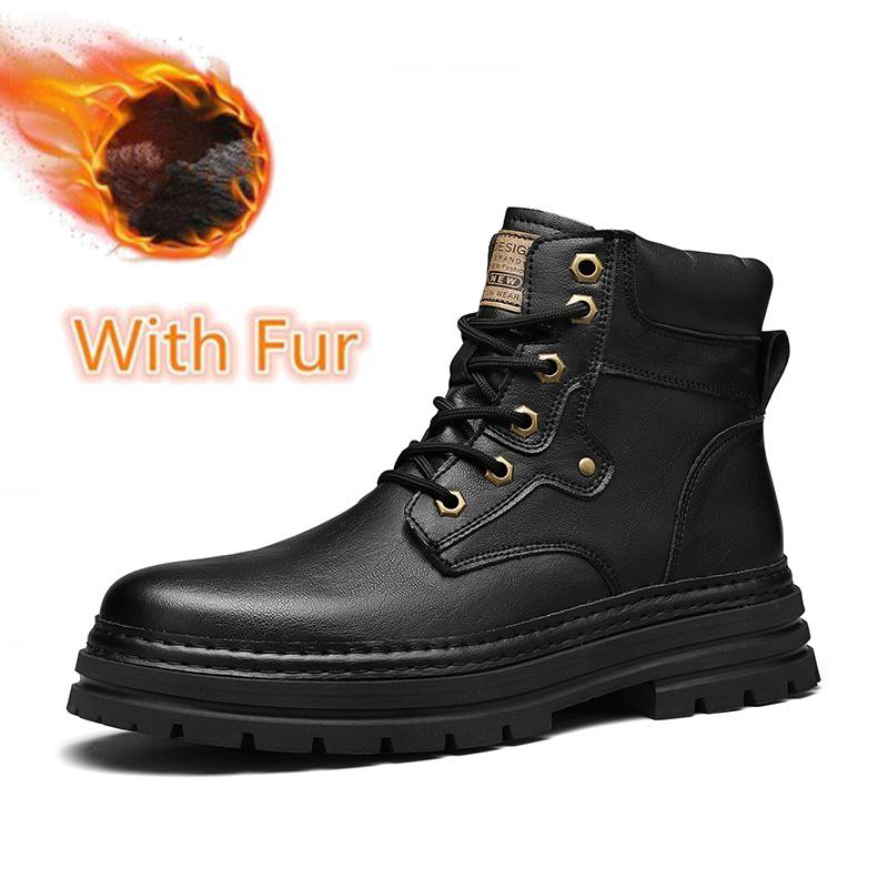 Fashion Genuine Leather Ankle Boots Man Round Toe Style Outdoor Motorcycle Boots Warm Plush Fur Winter Boots for Men Comfy Walking Shoes