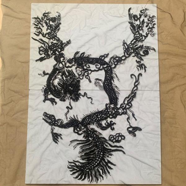 Новое сексуальное роскошное черное сетчатое платье с вышивкой из бисера, аппликация, нашивка с блестками, благоприятное платье с облаком и драконом, ткань с аппликацией на спине