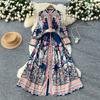 Spring Autumn Women Designer Runway Dress Stand Collar Vintage Print Single Breasted Holiday Party Dresses with Belt