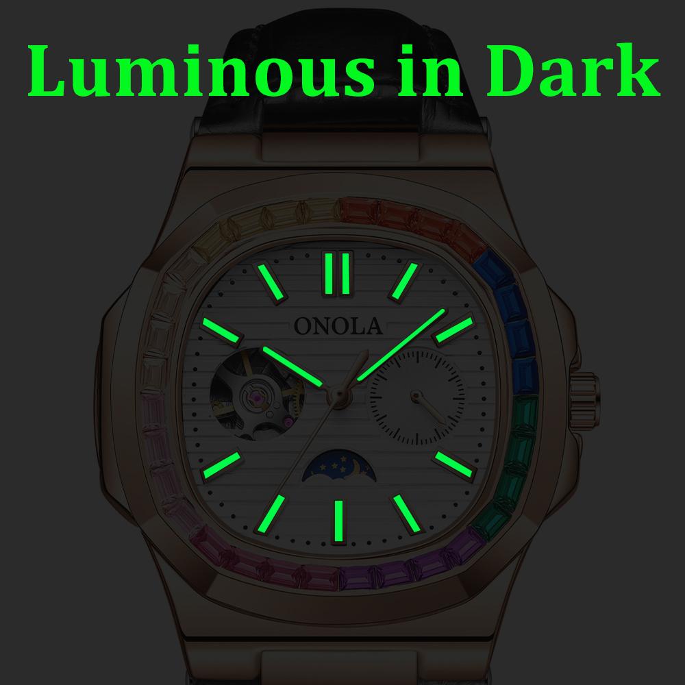 Fashion Colorful Diamond Hollow Wristwatch Automatic Mechanical Men's and Women's Watches Waterproof Leather Watch Men's Clock