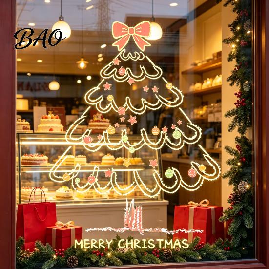 Waterproof Glass Stickers Christmas Tree Window Sticker, Simple Line Static Cling Decal, Reusable Clings Removable Festive PVC Decal for Holiday Home